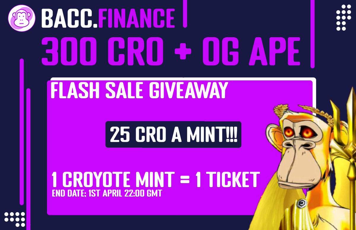 BaccFinance's tweet image. FROM NOW! 
We have a flash sale!
25 Cro per mint on the croyotes
bacc.finance/croyote

For how to enter join our discord here:
discord.gg/g9JGA9WKqZ

#crofam #cronos #cronosnft #nft #cronosnews #thecronicle #raffle #Giveaway #GiveawayNFT
