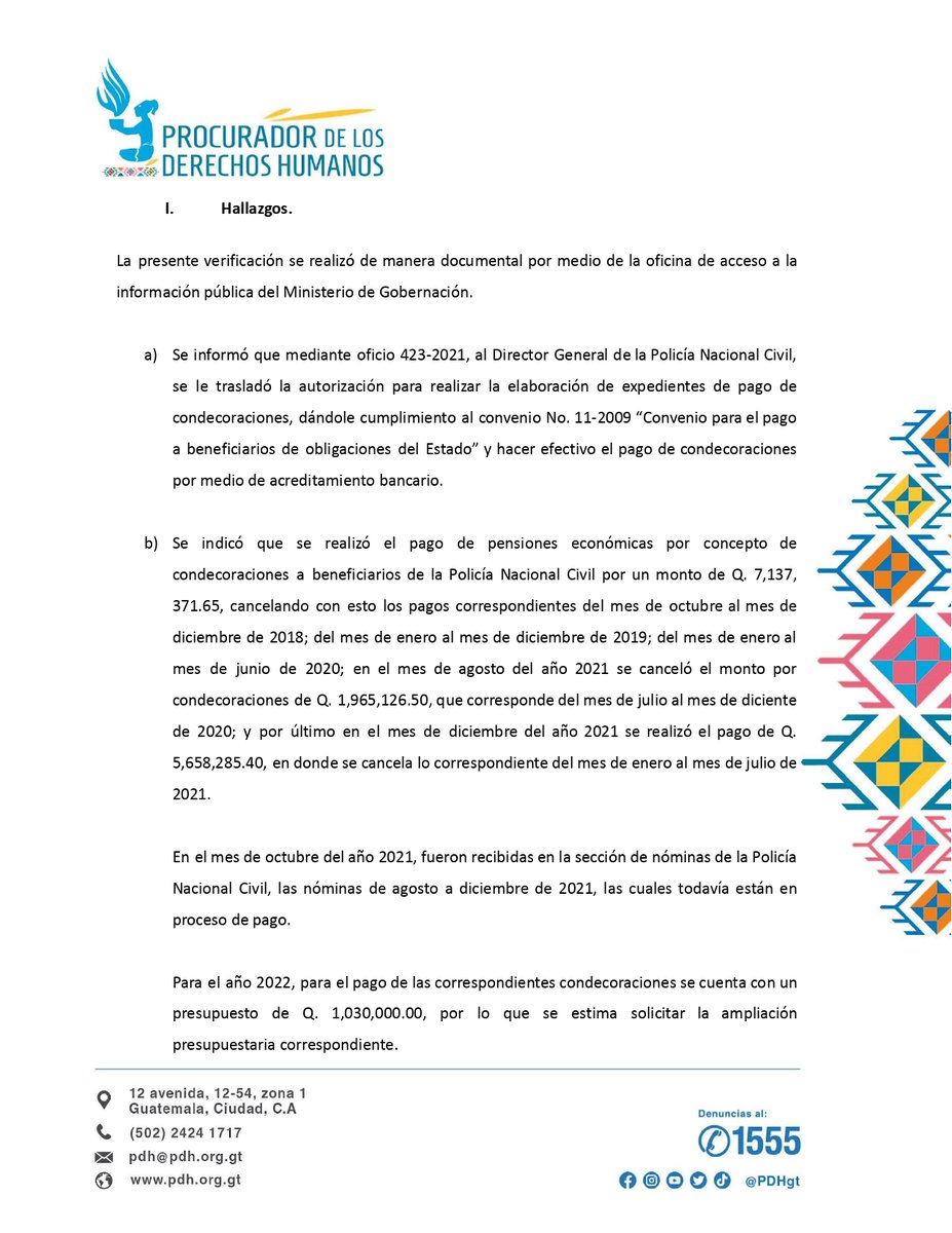 PDHgt's tweet photo. #HallazgosPDH #ConclusionesPDH y #RecomendacionesPDH de verificación del pago de las condecoraciones a los agentes de la @PNCdeGuatemala 

https://t.co/Pgk7SoVowx https://t.co/xKdctGn7kw