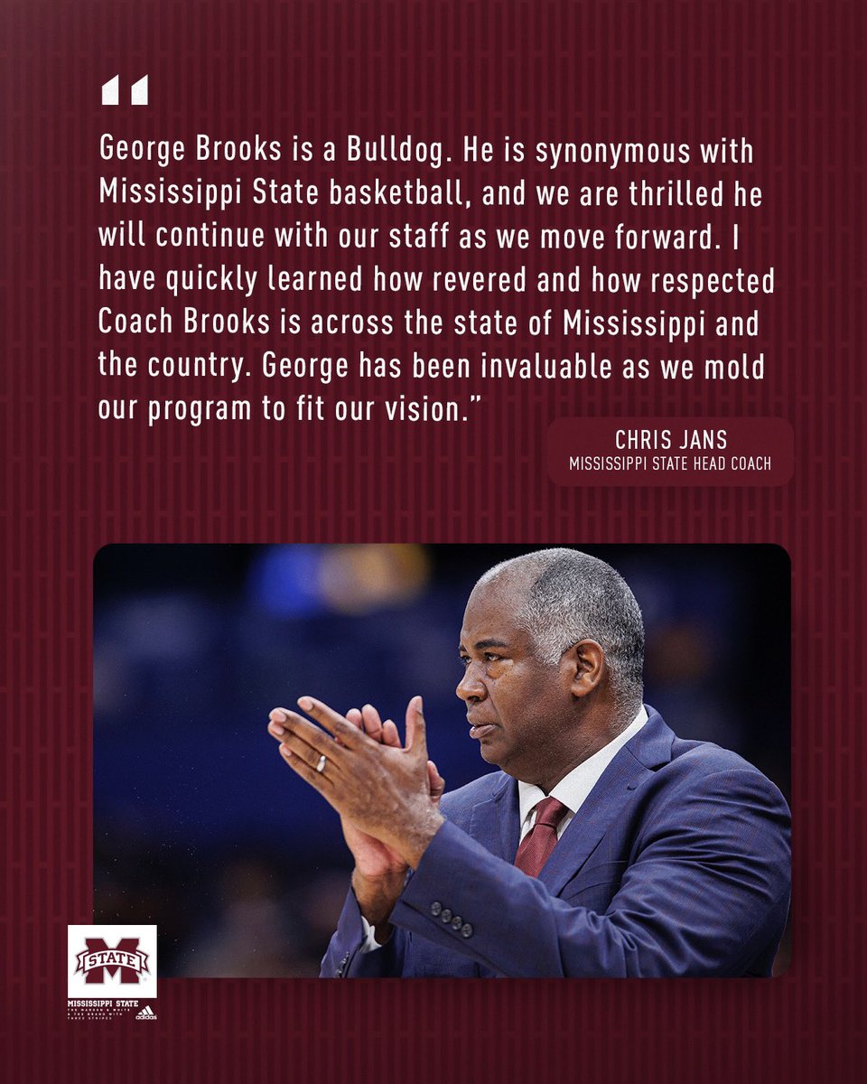 HailStateMBK's tweet photo. 💭 @coachchrisjans on @msucoachbrooks 

“Coach Brooks is synonymous with Mississippi State basketball, and we are thrilled he will continue with our staff as we move forward.”

#HailState🐶 https://t.co/JTDVCPPARX