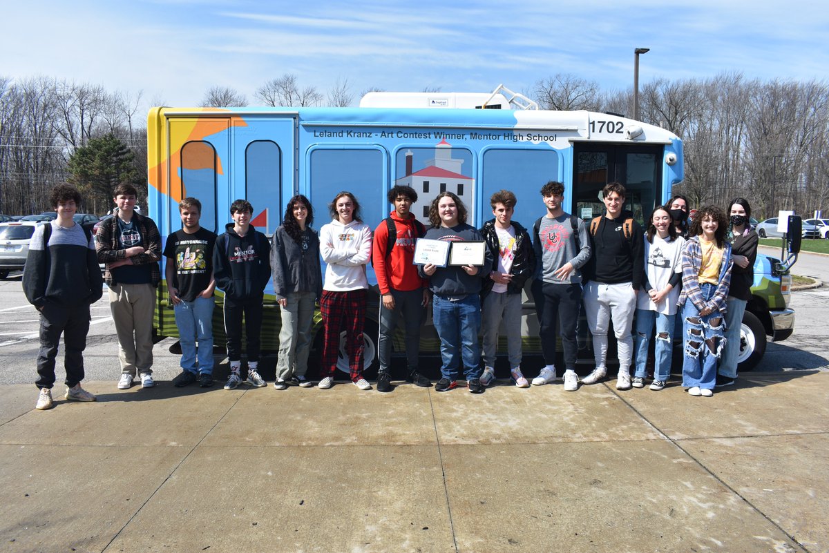 Laketran's tweet photo. It was a beautiful day to debut our 2022 Art Bus! Thank you to everyone who joined us for the event. Thanks to everyone who joined us and congratulations again to @MentorHigh sophomore, Leland Kranz, who created the winning design!  🚐🎨🏆👀 https://t.co/wlbyjGN6eV