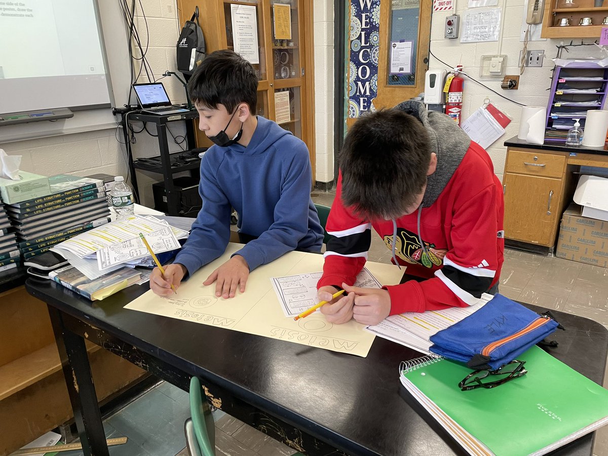 mrs_vindigni's tweet photo. We love seeing our students work together! After reading about Mitosis &amp; Meiosis, students worked to draw out the steps of the process. #teamwork https://t.co/FD6zkbvYly