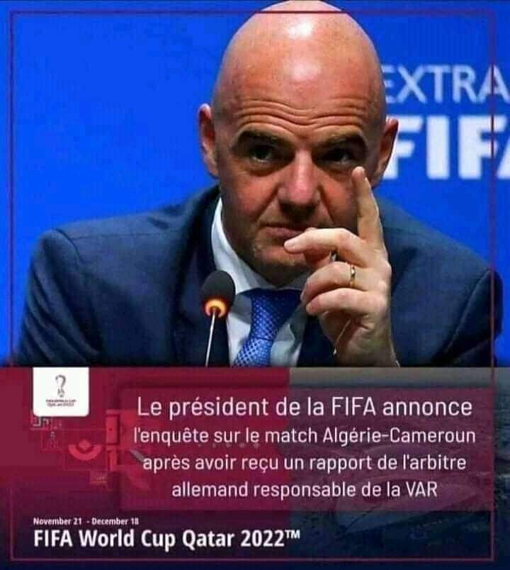 farida_tweets_'s tweet photo. أعلن رئيس الفيفا التحقيق في مباراة الجزائر والكاميرون بعد تلقيه تقريرا من الحكم الألماني المسؤول عن الحكم var https://t.co/PG2NazEuez