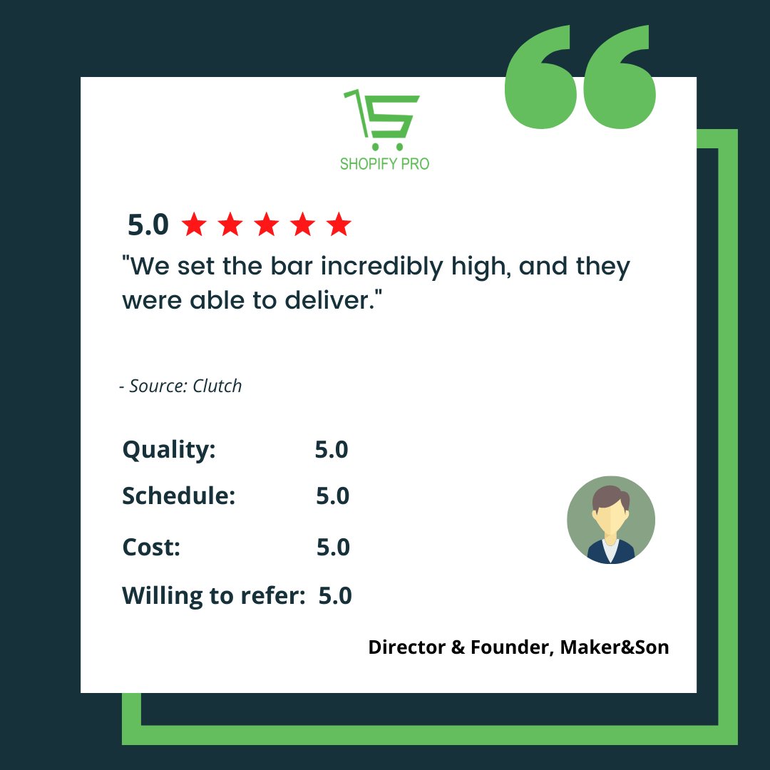 ecomdevagency's tweet photo. Another review from our satisfied client!
Following the best practices and customer-centric approaches, our Pro team always works to meet clients' expectations. 
#shopifypro #shopifydevelopmentagency #shopifyreviews #clientreviews #clientstories https://t.co/x4Vk0ReMtZ