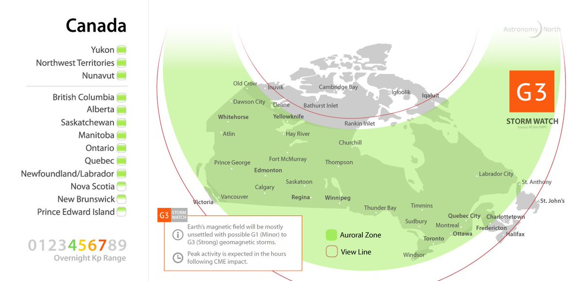 ACTIVE SKIES: A pair of incoming CMEs could reach Earth this evening sparking G1-G3 (Strong) Geomagnetic Storms. Here's the latest aurora forecast for #Whitehorse, YT: astronomynorth.com/aurora-forecas… <a href="/CBCNorth/">CBC North</a> @yukon_news @WhitehorseStar <a href="/WhatsUpYukon/">What's Up Yukon</a> <a href="/city_whitehorse/">City of Whitehorse</a> <a href="/YukonAstronomy/">Yukon Astronomical Society</a>