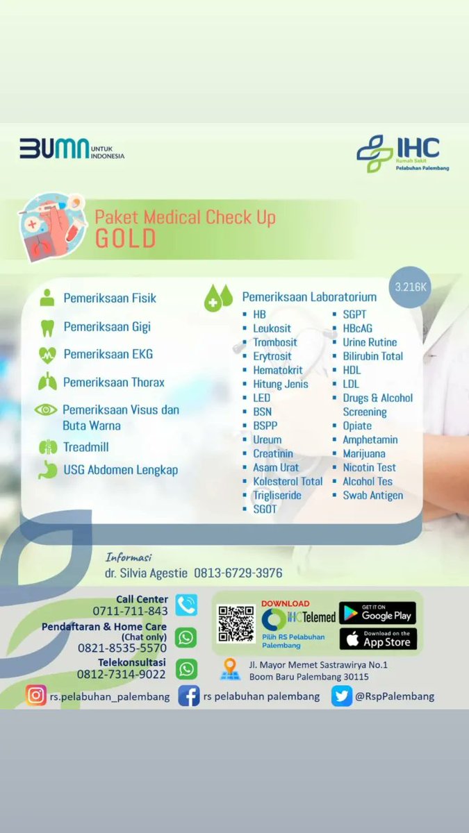RspPalembang's tweet photo. RS Pelabuhan Palembang menyediakan berbagai paket Medical Check Up ya. Untuk informasi lebih lanjut bisa menghubungi kontak di e flayer atau via dm ya https://t.co/1MeKO3Ddup