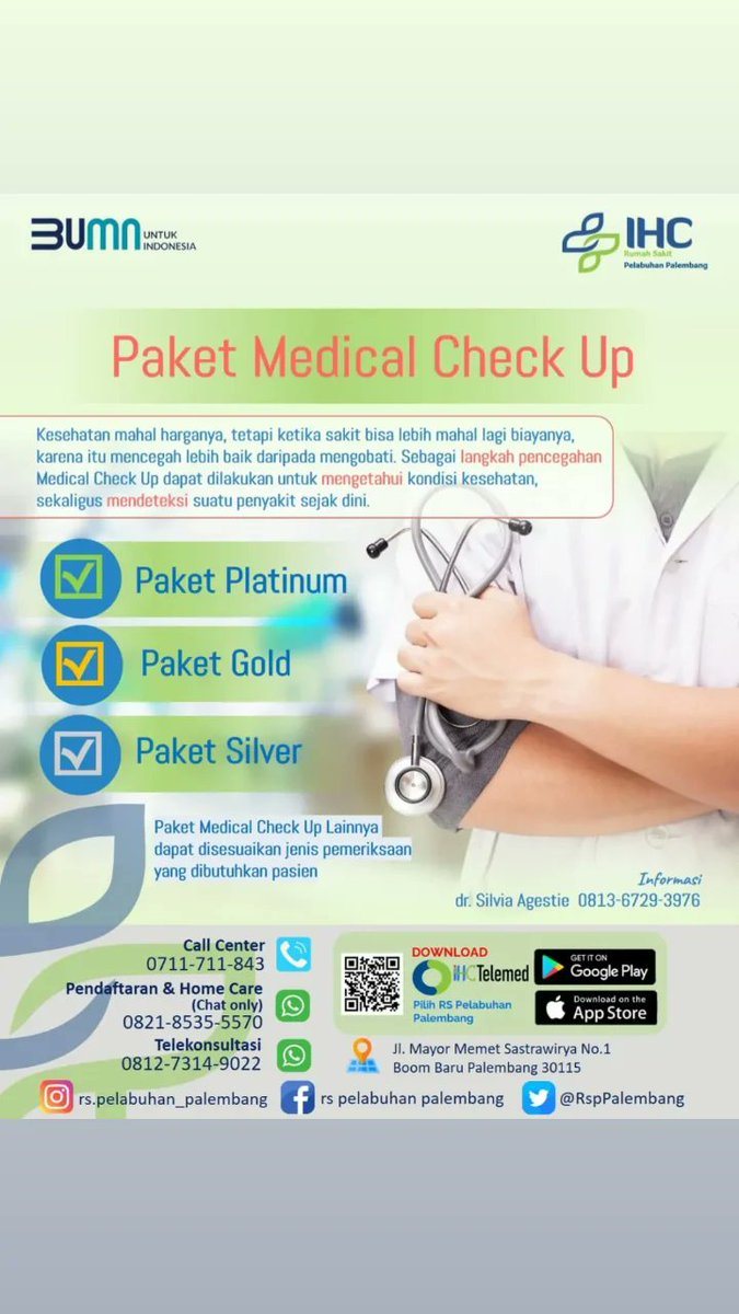 RspPalembang's tweet photo. RS Pelabuhan Palembang menyediakan berbagai paket Medical Check Up ya. Untuk informasi lebih lanjut bisa menghubungi kontak di e flayer atau via dm ya https://t.co/1MeKO3Ddup