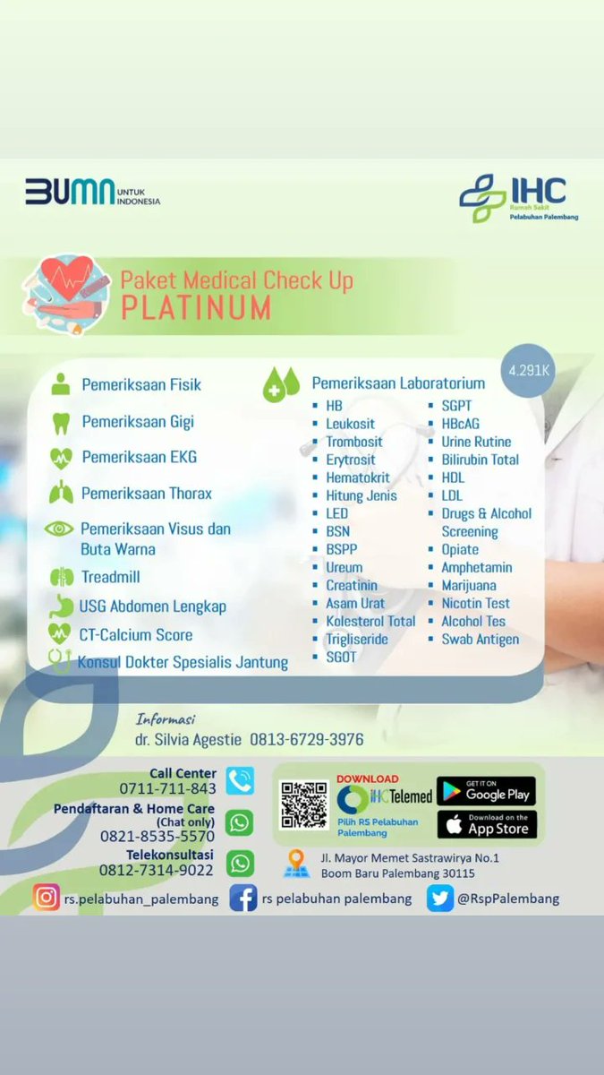 RspPalembang's tweet photo. RS Pelabuhan Palembang menyediakan berbagai paket Medical Check Up ya. Untuk informasi lebih lanjut bisa menghubungi kontak di e flayer atau via dm ya https://t.co/1MeKO3Ddup