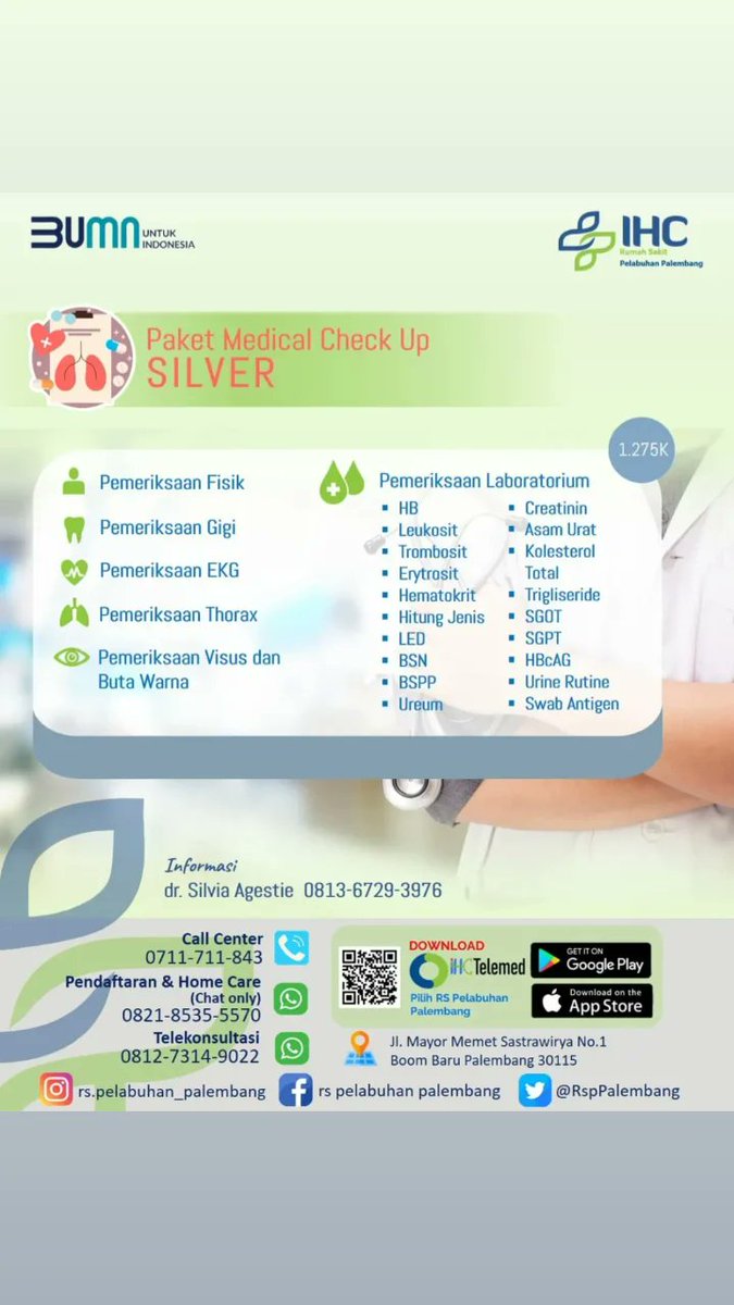RspPalembang's tweet photo. RS Pelabuhan Palembang menyediakan berbagai paket Medical Check Up ya. Untuk informasi lebih lanjut bisa menghubungi kontak di e flayer atau via dm ya https://t.co/1MeKO3Ddup