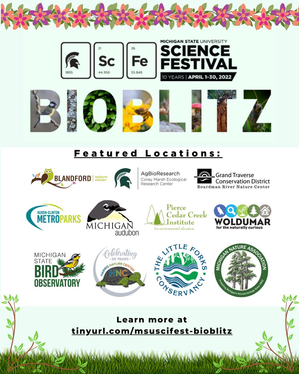 Join MSU Science Festival for our Second Annual BioBlitz in observing the world around us during the 2022 MSU Science Festival in the month of April. Check out our featured locations and more details here sciencefestival.msu.edu/visitors/2022-…
#MSUSciFest #MSUSTEAM