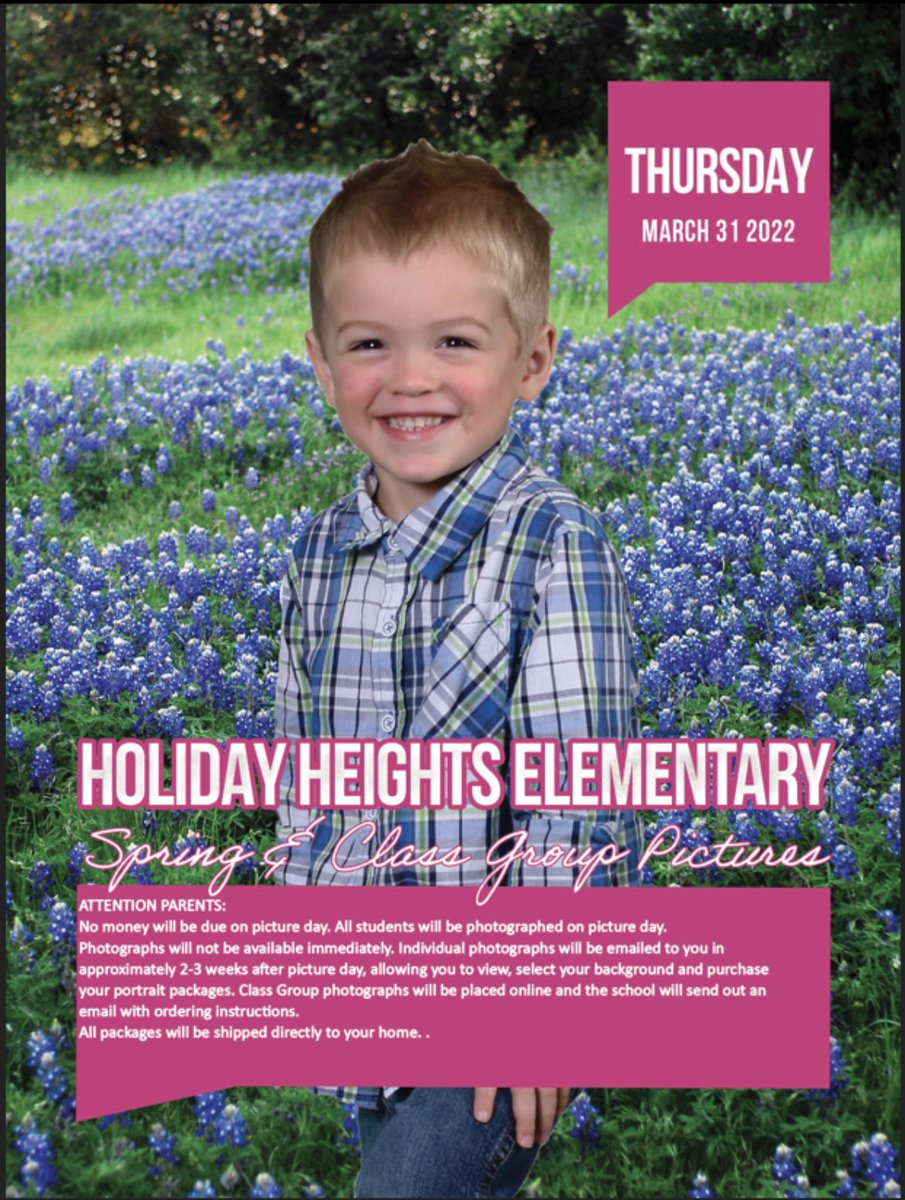 Just a reminder!
 
We have Spring individual and class group photos tomorrow.
Please see the attached flyer for more information.
No order forms or payments needed at this time!
 
We also have early dismissal on Friday at 12:40 pm.