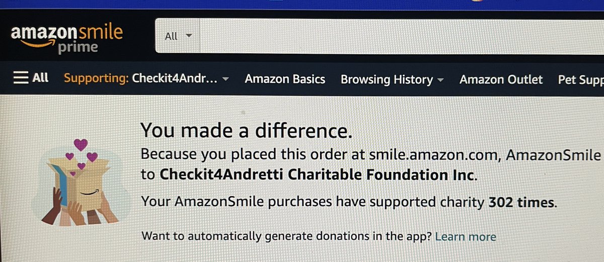 mjbyers333's tweet photo. Did you know you can donate to #Checkit4Andretti with every purchase @amazonsmile #MakeADiference 💫 @JarettAndretti @JarettRacing @AAShortTrack #AllAndretti #RememberingJohnAndretti 🙏🏁 https://t.co/RiIOMfvsPH