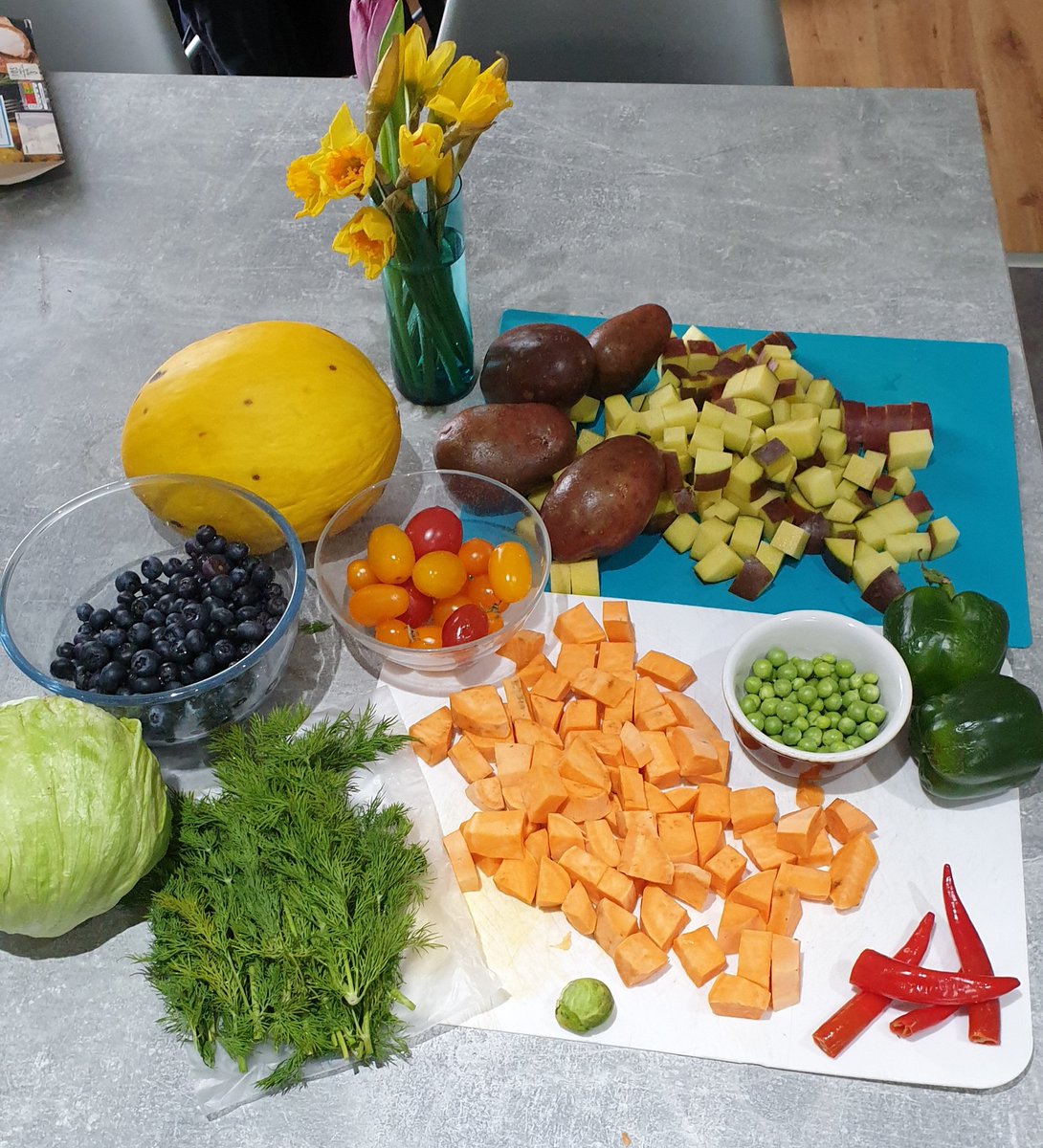 Victoriaflump's tweet photo. Just a fraction of the fruit and veg saved from @Strongs_Lytham thanks to @TooGoodToGo_UK All this and loads more too. Even the flowers were included. Not sure how I'm going to use just 1 Brussels sprout tho 😅 any ideas? https://t.co/tOML96OrL8