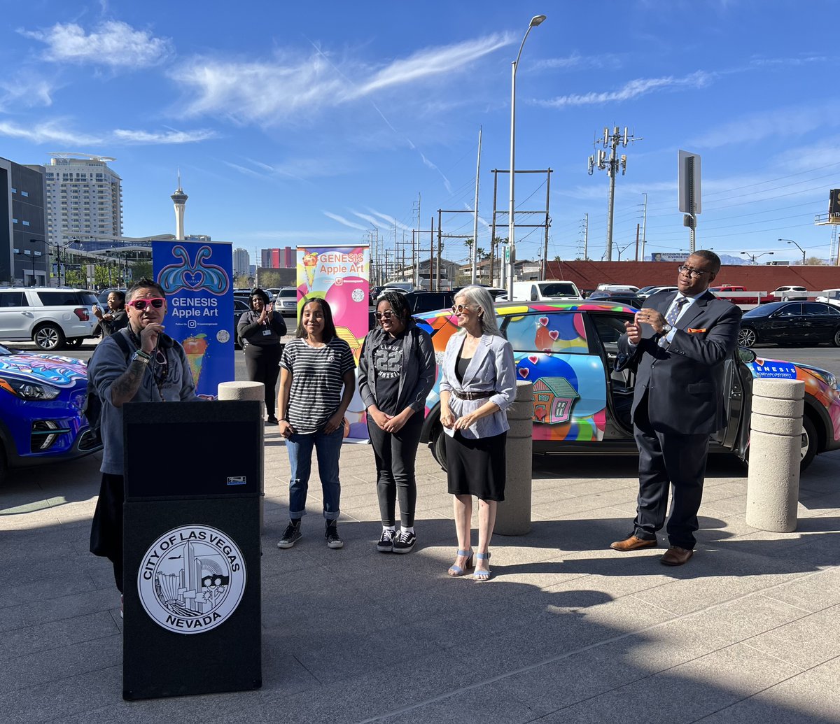CoreWeCan's tweet photo. Today our CORE Scholars Yuvia and Mars were front and center for their collaboration with local artist #NancyGood for the design of new GENESIS cars being launched in the Las Vegas Valley by @rosemanuhs. https://t.co/I9Oem5xHKL