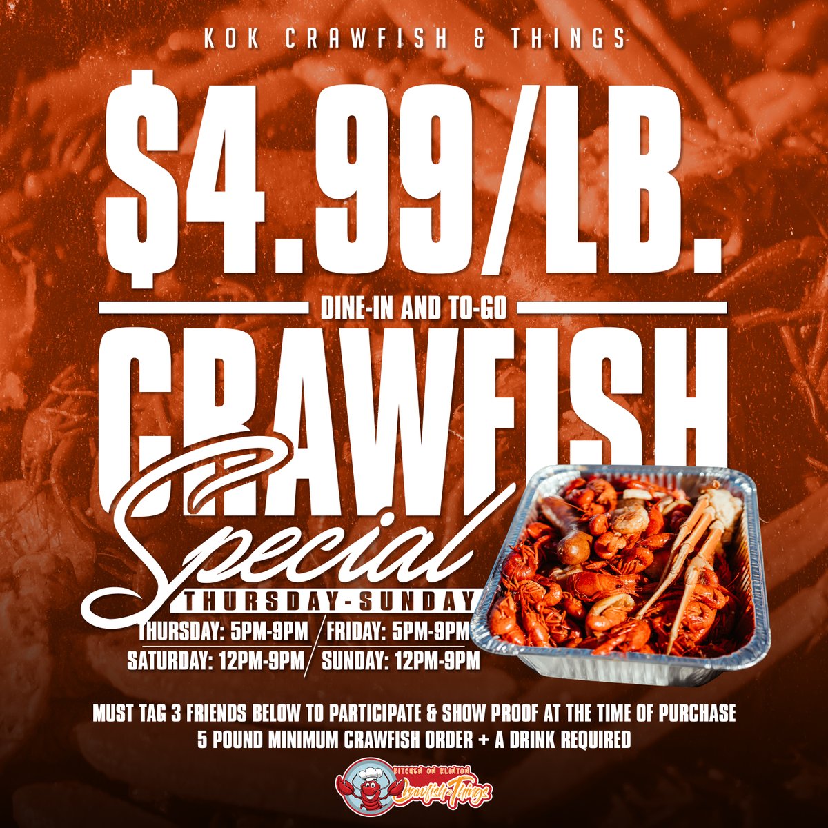 EatKOK_'s tweet photo. 🏷Now for dine-in and to-go
📆Thurs 31st - Sun 3rd
🦞$4.99/lb 5 pound minimum 
with the purchase of a drink 

To participate
✅Retweet https://t.co/jBLVjzPgQy