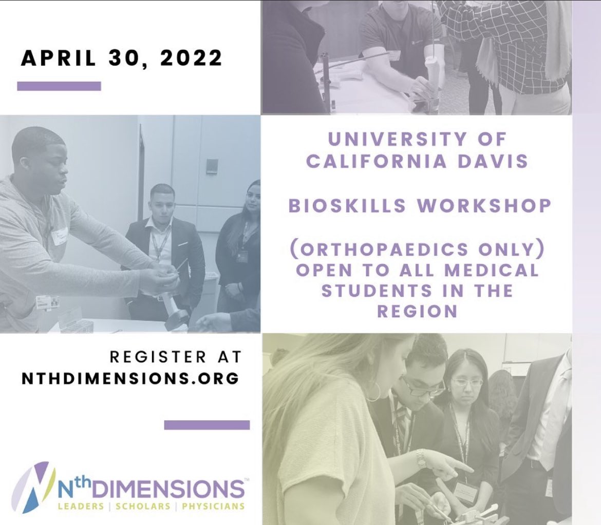 #MedTwitter #orthotwitter 
If you’re in the Northern California area, join <a href="/nth_dim/">Nth Dimensions</a> and <a href="/UCDavisOrtho/">UC Davis Department of Orthopaedic Surgery</a> for a #bioskills workshop
 
Saturday, April 30, 2022 
10a - 3p 
Drill, nail/plate sawbones, arthroscopy, and more!