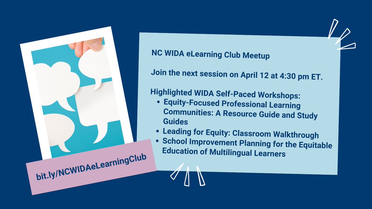 Join the next NC <a href="/WIDA_UW/">WIDA™</a> eLearning Club Meetup with <a href="/Love4ELs/">Luisa Palacio</a> &amp; @DanielS65986196 on April 12 at 4:30pm ET. Register at ncgov.webex.com/ncgov/j.php?RG…