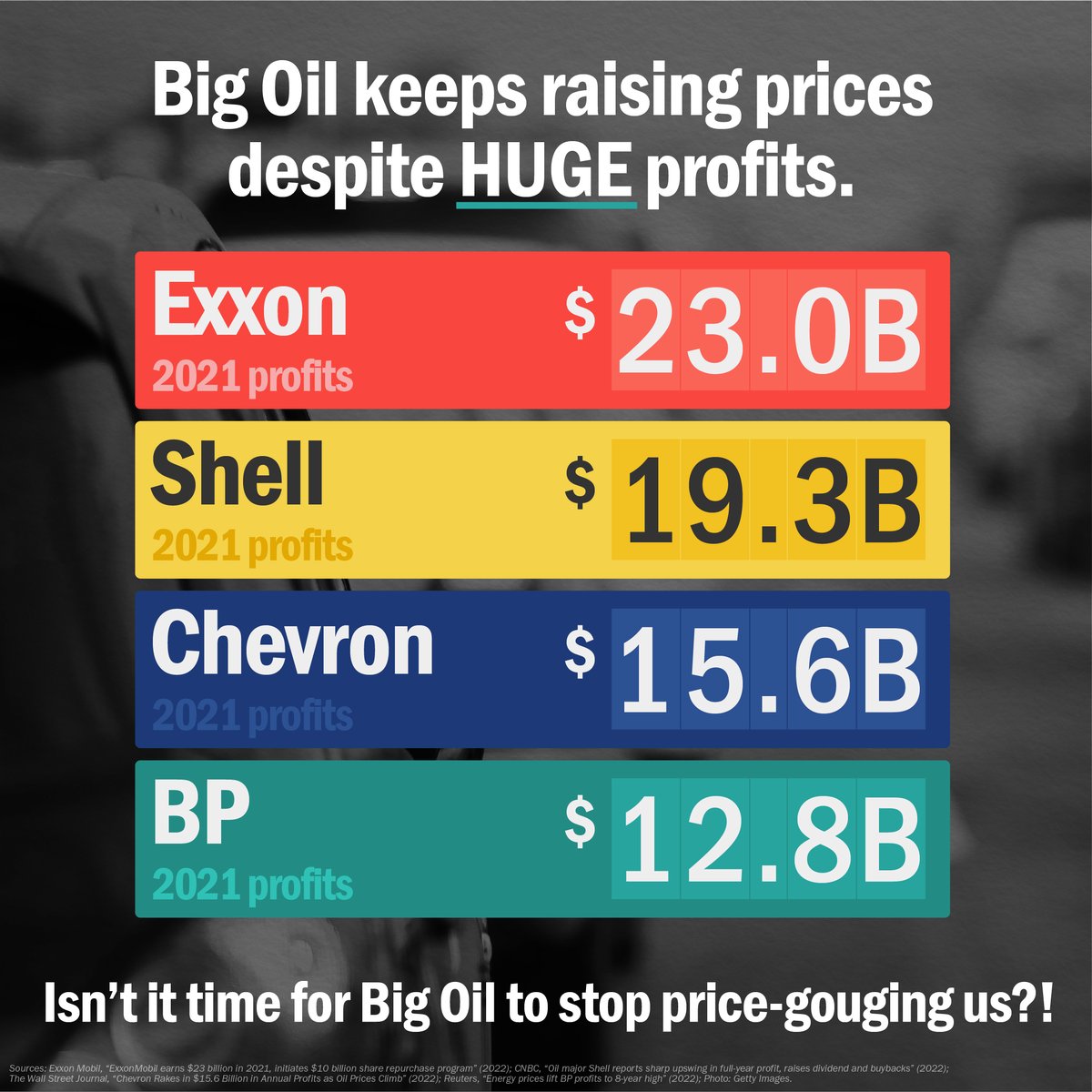 As prices go up for you at the pump, Big Oil is raking in record profits. 

It's time to hold them accountable and lower costs for millions of working families.