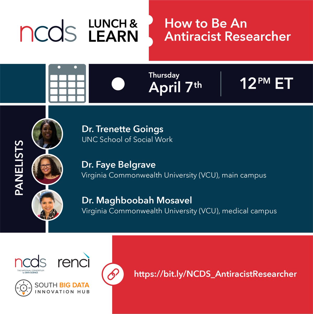 Researchers, check it out.  #NCDS Webinar with great speakers on how to be an Antiracist Researcher.  #SBDH and #RENCI.