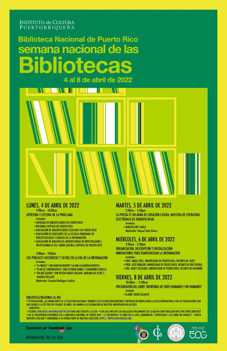 acurilpr's tweet photo. ¡Se acerca la #SemanaNacionalDeLasBibliotecas! 

Los invitamos a la Apertura y lectura de la proclama que llevarán a cabo el @icppr y la BNPR, el próximo lunes, 4 de abril de 2022 a las 9:00 AM.

¡Únete a nuestra celebración!

#LibraryWeek2022 
#BibliotecasPuertoRico https://t.co/Fzu6bryaKE