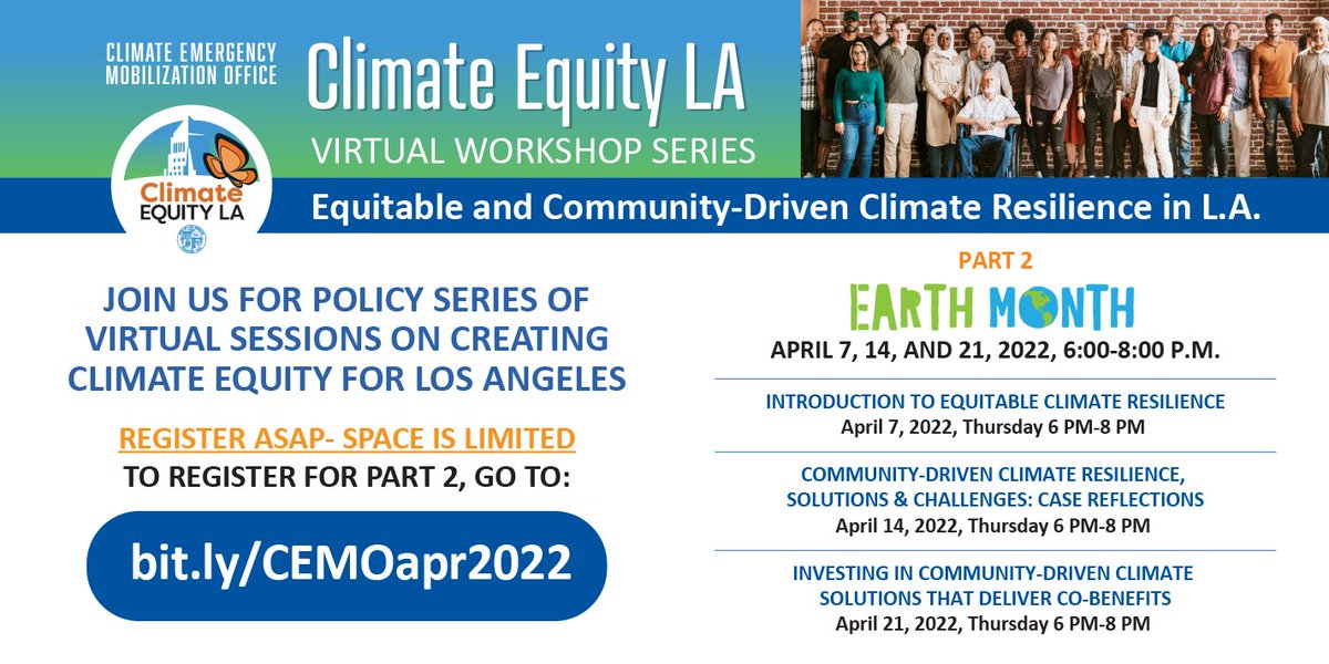 For Mother Earth & Earth Day 🌎, check out the #ClimateEquityLA Series and help create a healthy, equitable, #climate-friendly LA. #ClimateJustice bit.ly/CELA-Part2Flyer ✅ 🗓 Thursdays in April, 6-8 PM
🔗 Register here: bit.ly/CEMOapr2022 ✅