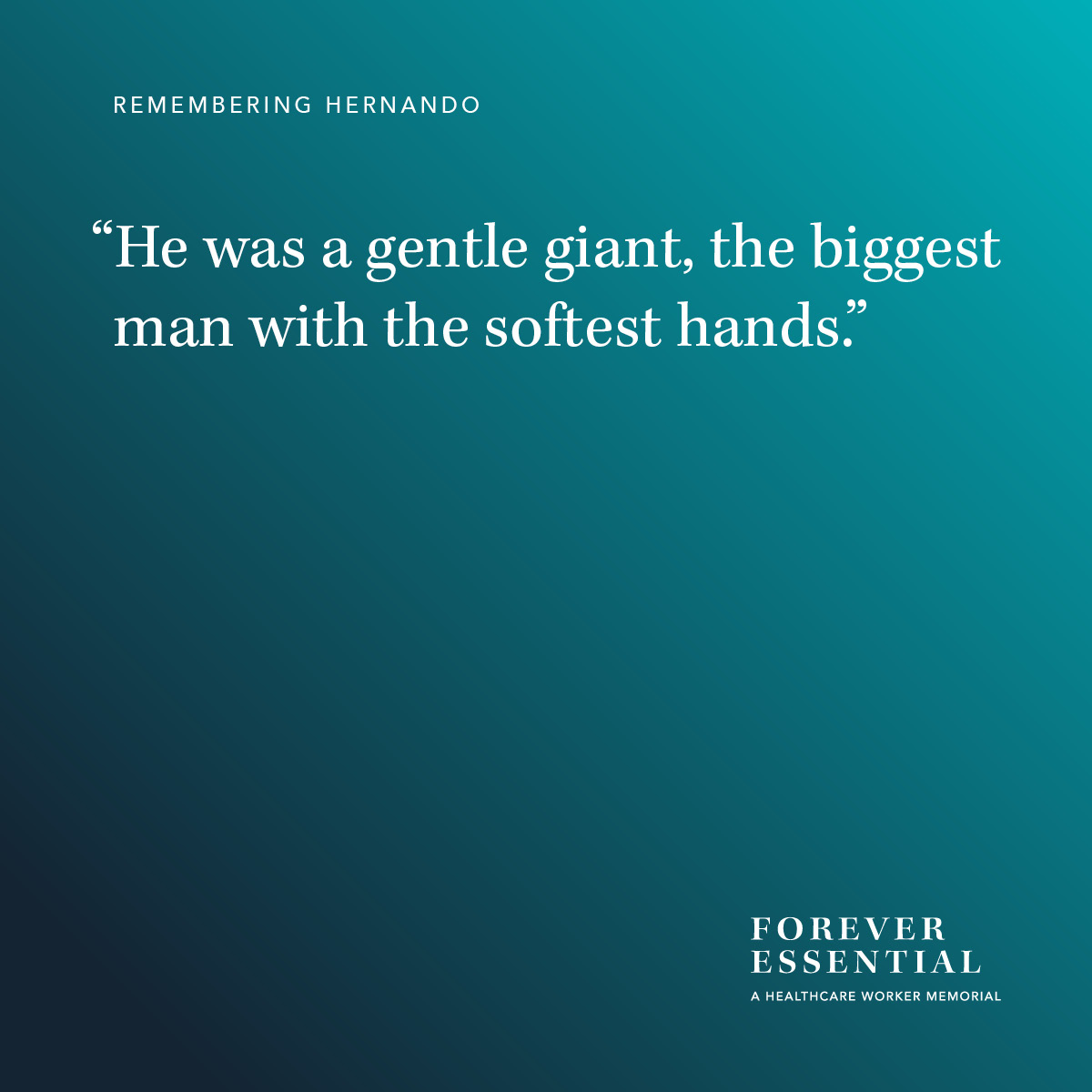 freveressential's tweet photo. When the pandemic tore through his community, Hernando would often go days without sleeping to make sure his patients were taken care of and his children were supported and loved. Hernando was 50 and leaves behind a son and three daughters. #ForeverEssential https://t.co/q0PQFo69p3