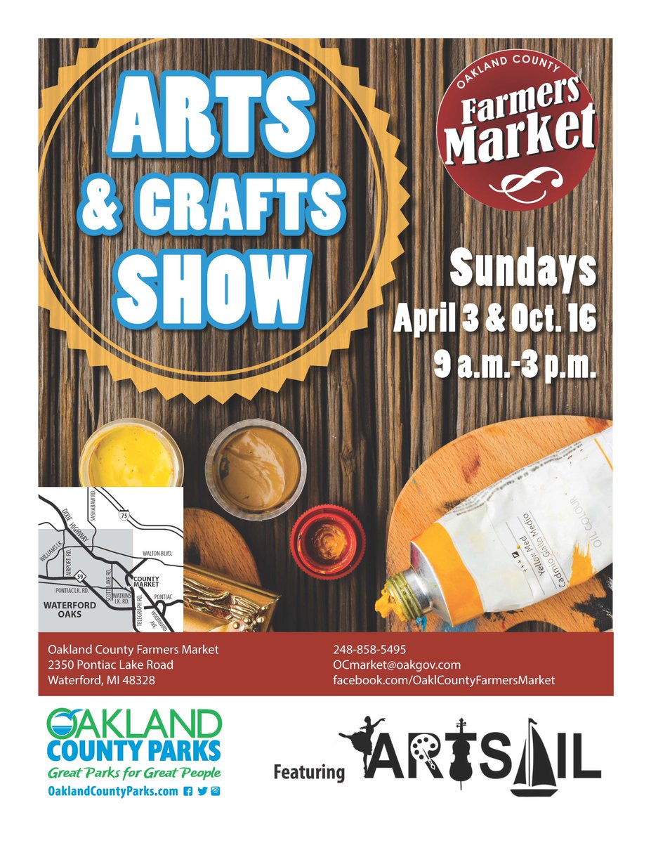 OCParksAndRec's tweet image. Don't miss the Arts &amp;amp; Crafts Show featuring ArtSail from 9 a.m.-3 p.m. Sunday, April 3 at the Oakland County Farmers Market.

More info at OaklandCountyParks.com 

#ShopLocal #MakeLocal #OaklandCountyParks