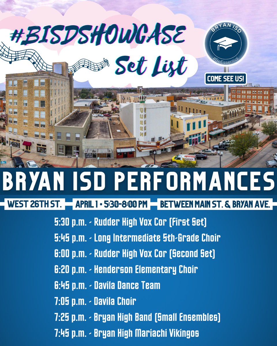 BryanISD's tweet photo. The magic of Bryan ISD Fine Arts 🎵💃 will be on full display throughout the April 1 #BISDShowcase in Downtown Bryan! 👇

*Performances will be at the corner of Main &amp; 26th Street (Next to Sweet Relish) https://t.co/8eajzfbcMd