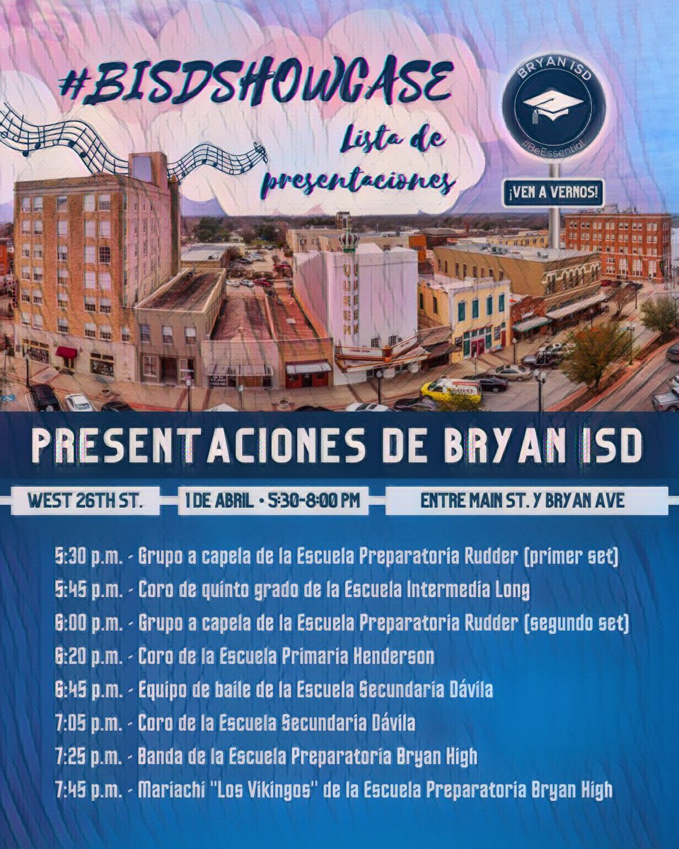 The magic of Bryan ISD Fine Arts 🎵💃 will be on full display throughout the April 1 #BISDShowcase in Downtown Bryan! 👇

*Performances will be at the corner of Main &amp; 26th Street (Next to Sweet Relish)