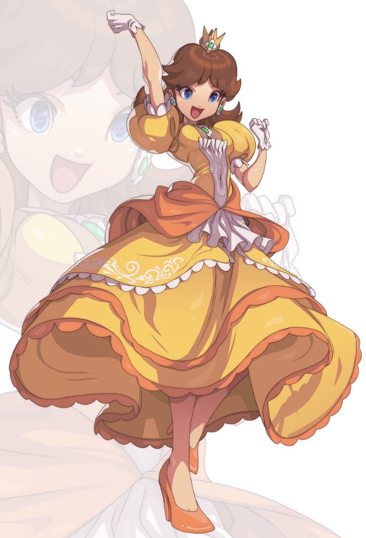 princess daisy 1girl dress brown hair gloves crown blue eyes jewelry  illustration images