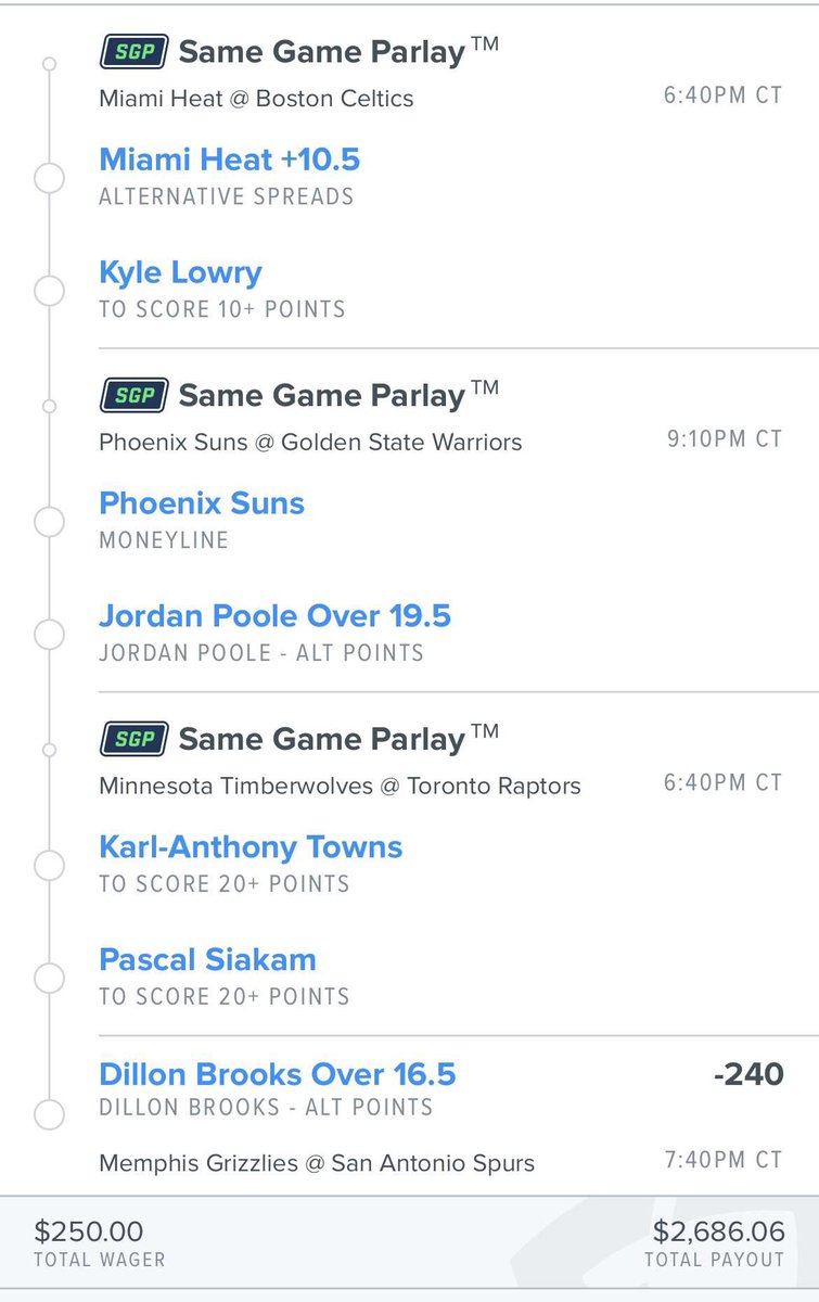 BlindsidePicks's tweet photo. 3 🦵 Parlay

💎 Miami +10.5 ➕Kyle Lowry 10+ Points

💎 Suns ML ➕ Jordan Poole Over 19.5 Points

💎 Karl Towns 20+ Points ➕ Siakam 20+ Points ➕ Brooks Over 16.5 Points

$250 ➡️ $2700

#GamblingTwitter #NBATwitter #FreePicks https://t.co/gAxzIzZhOJ
