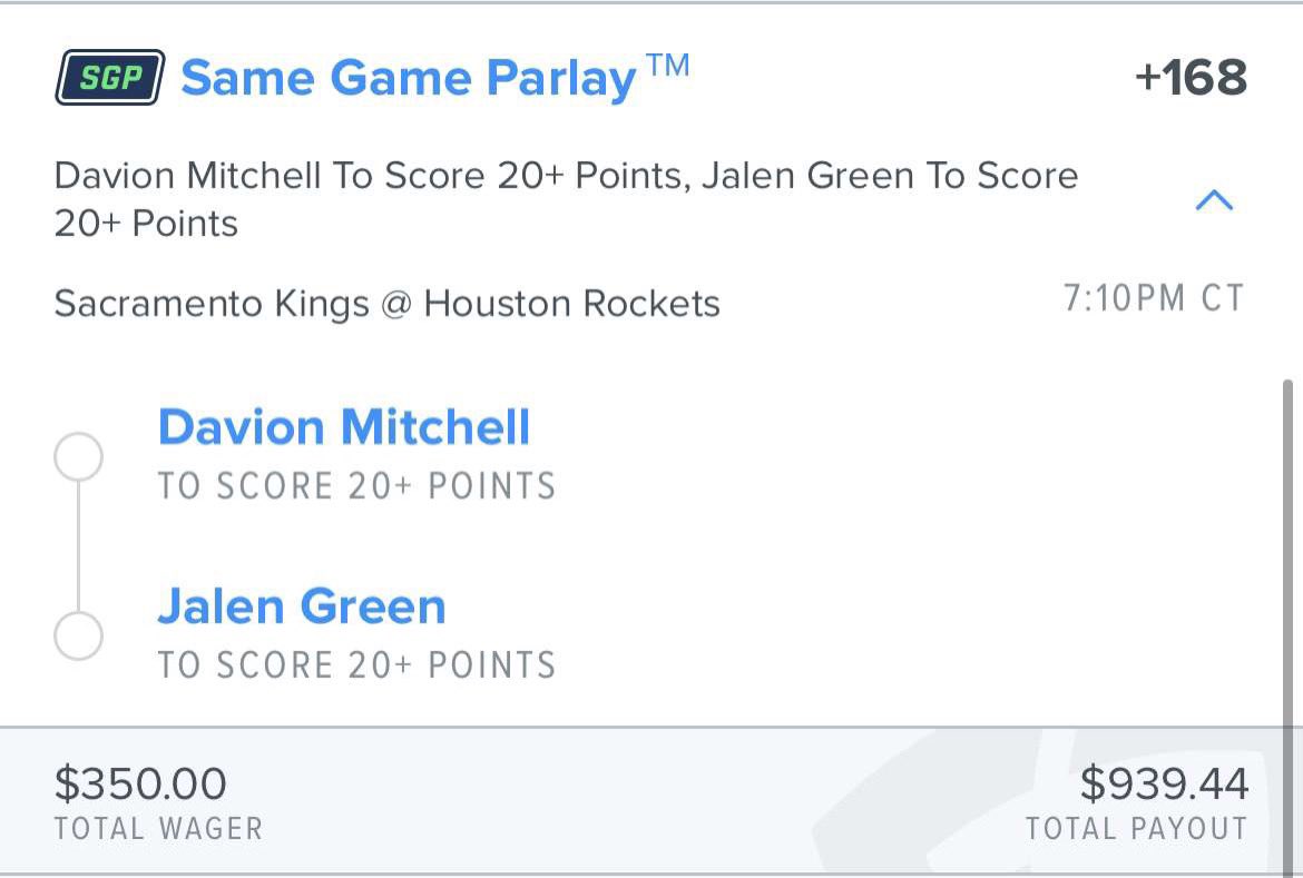 BlindsidePicks's tweet photo. Same Game Parlay 

💎 Davion Mitchell 20+ Points ➕ Jalen Green 20+ Points

$350 ➡️ $940

#GamblingTwitter #NBATwitterLive #FreePicks https://t.co/US4jzyuDOB