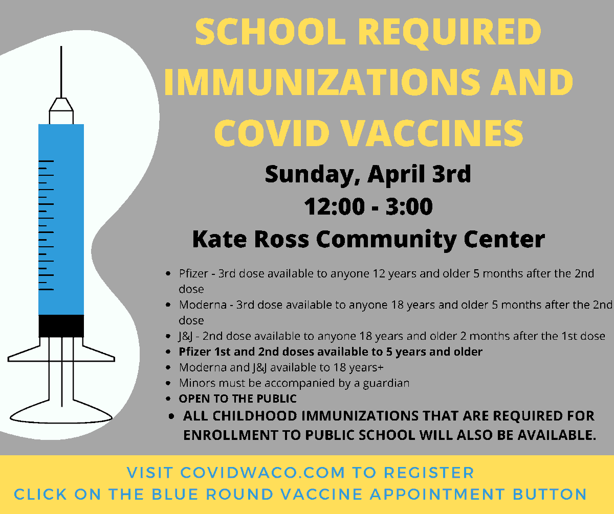 WacoISD's tweet photo. Join @wacohealthdept for School Required Immunizations and COVID Vaccine Clinic! Free and open to the public.

💉Sunday, April 3 from 12-3 p.m. at Kate Ross Community Center

Hot dog lunch 🌭 and $40 gift card 💳 if you: 
✔️live in 76704 or 76706 
✔️get 1st or 2nd COVID vaccine https://t.co/ll5y7zzAiA