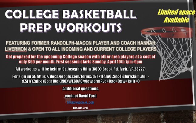 MKW Elite Girls Basketball (@mkwelite) on Twitter photo Attention Central VA women’s college basketball players, current and incoming:
Former college coach/player <a href="/hlivermon23/">Hannah Livermon</a> will be having college workouts on Sundays starting April 10th. Multiple college players from all divisions are already signed up. Reserve your space ASAP!!🏀 Attention Central VA women’s college basketball players, current and incoming:
Former college coach/player <a href="/hlivermon23/">Hannah Livermon</a> will be having college workouts on Sundays starting April 10th. Multiple college players from all divisions are already signed up. Reserve your space ASAP!!🏀