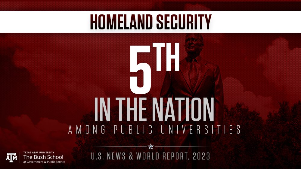 BushSchool's tweet photo. The @BushSchool is ranked in the top 5 public institutions for Homeland Security by @usnews! Learn more about the homeland security options at the @BushSchool!
MPSA Concentration: https://t.co/fQs4sUg8fg
EMPSA Track: https://t.co/R5y5fda3i9
Grad Cert: https://t.co/7tOK3yMagb https://t.co/XhVRi6v5S8