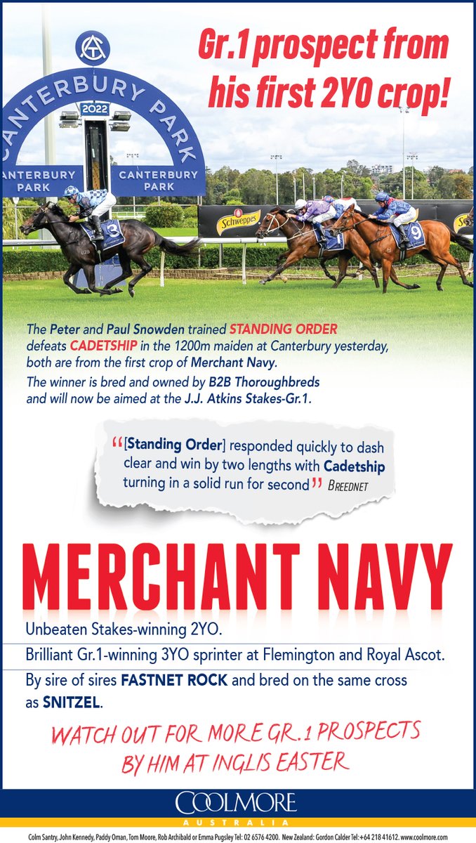 TTR AusNZ (@ttrausnz) on Twitter photo "He (Standing Order) went quite keen and got quite fired up. I didn't quite envisage him being that far back today. He does have some nice speed." - <a href="/PGsnowden/">paul snowden</a>
Merchant Navy standing <a href="/CoolmoreAus/">Coolmore Australia</a> for the 2022 season
coolmore.com/farms/australi… "He (Standing Order) went quite keen and got quite fired up. I didn't quite envisage him being that far back today. He does have some nice speed." - <a href="/PGsnowden/">paul snowden</a>
Merchant Navy standing <a href="/CoolmoreAus/">Coolmore Australia</a> for the 2022 season
coolmore.com/farms/australi…
