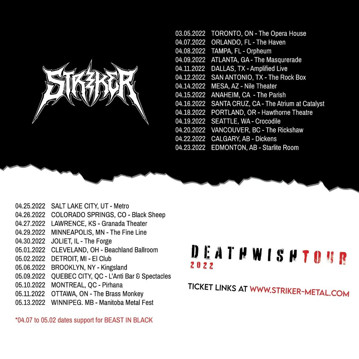 StrikerMetal's tweet photo. ⚡DEATHWISH TOUR UPDATE⚡

Ottawa - May 11th 2022: Venue changed to The Brass Monkey

Bring your shred pants, cuz we're gonna rock 'em!

#strikermetal #deathwishtour2022 https://t.co/87vQHq84wb