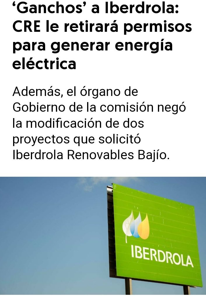 juls_69's tweet photo. Golpazo a IBERDROLA
La Comisión Reguladora de Energía (CRE) informó este martes que retirará permisos para generar energía eléctrica a la empresa española https://t.co/gO7OercIL2