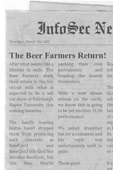 TheBeerFarmers's tweet photo. It's on!
Thanks to Edinburgh's InfoSec News for thinking about us.
#HereForeYou https://t.co/JAlEsaA8gh
