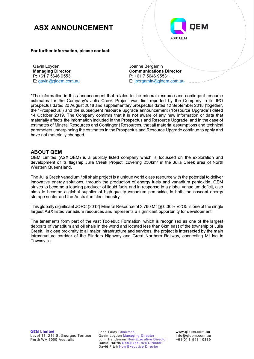 $QEM Proactively Adopts the Global Standard for #ESG Reporting.

Full announcement at webservices.weblink.com.au/article.aspx?a…