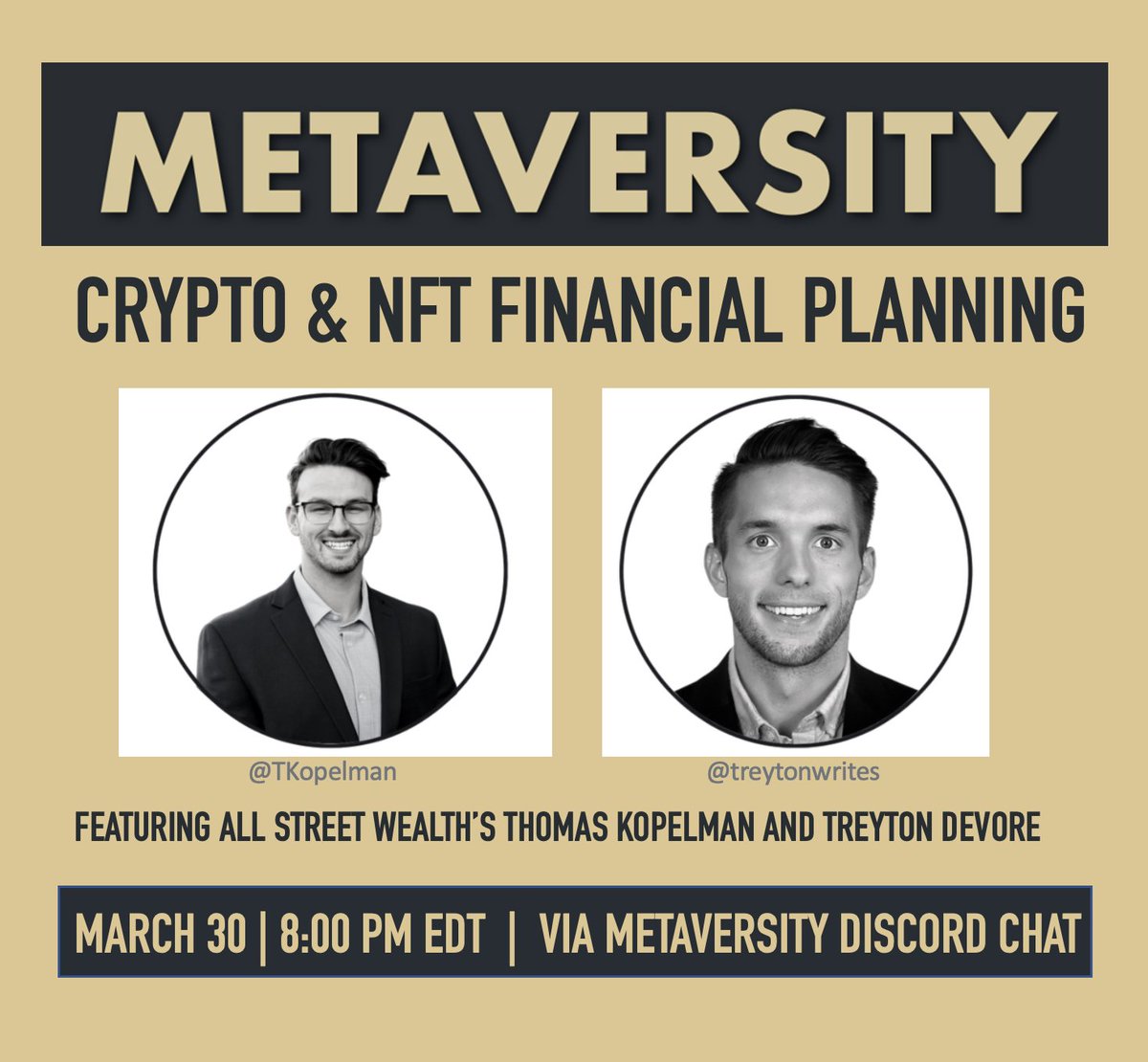 MetaversityU's tweet photo. Reminder🚨 Don't miss out on learning a thing or two about how to plan properly when it comes to your crypto finances. 

LIVE at 8PM ET
METAVERSITY DISCORD CHAT. 

Hoot. https://t.co/354CJPNEQr