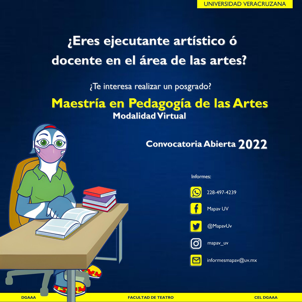 MapavUv's tweet image. Proceso de Admisión 2022 Abierto: uv.mx/escolar/posgra….
Maestría en Pedagogía de las Artes - Modalidad Virtual.
