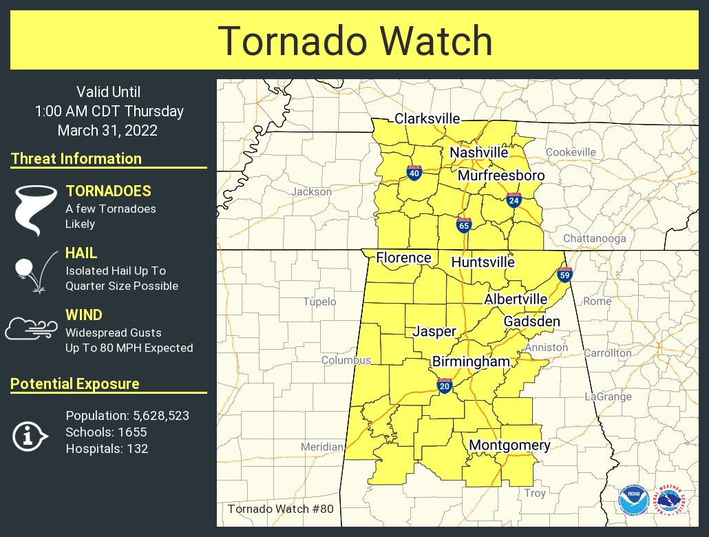 WX4HUN's tweet image. NWSHuntsville: A tornado watch has been issued for parts of Alabama and Tennessee until 1 AM CDT