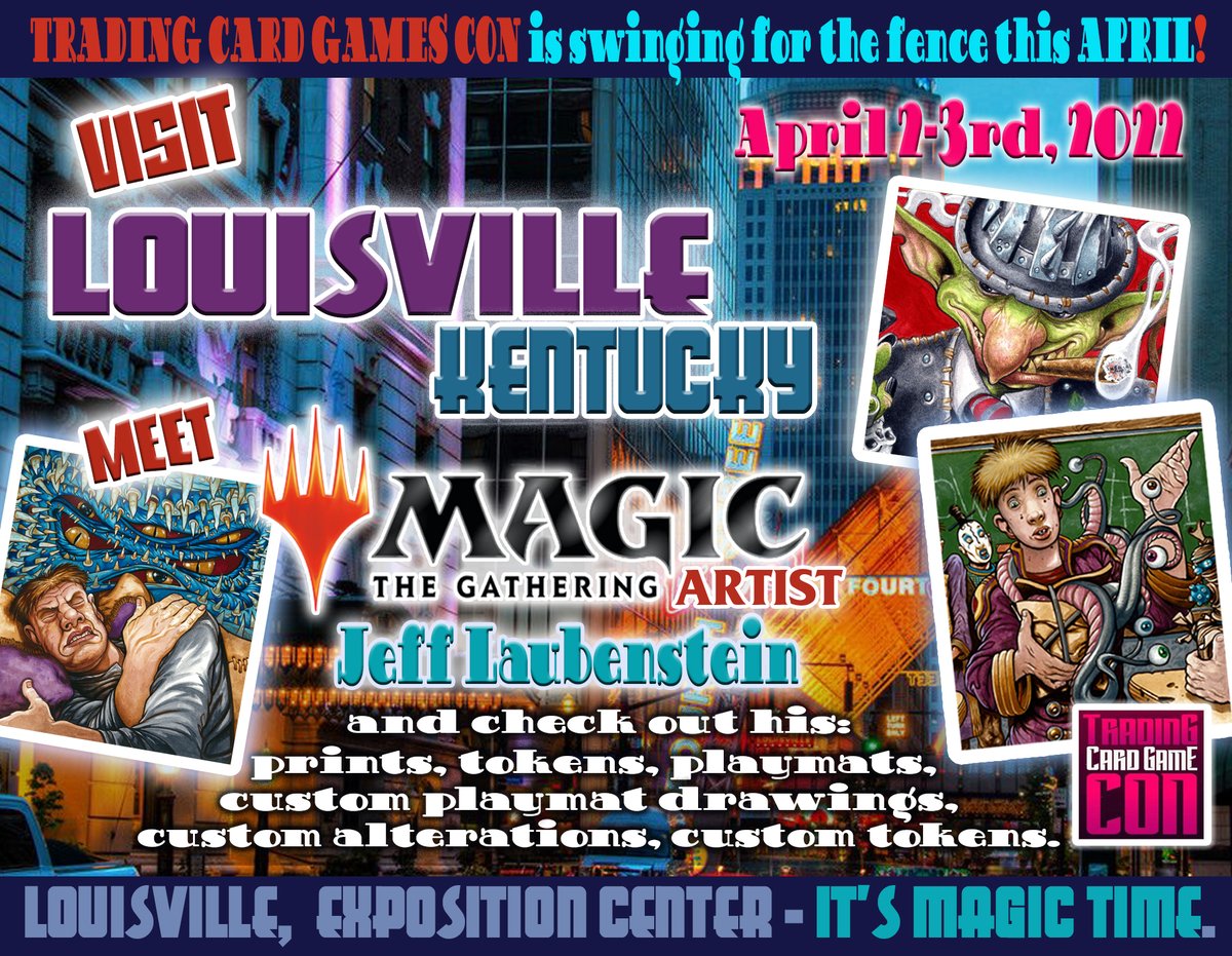 IllustratorJeff's tweet photo. This weekend is #TradingCardGameCon - Louisville. I'll be driving to Kentucky on Friday. If you are around & want to join in on some cardboard fun. Why not join in? I'll be there with RK ?d Ken Meyer Jr. We'll be sipping whiskey & tellin' tales.. well, signing cards I imagine.=) https://t.co/7nrtkwz1Mx
