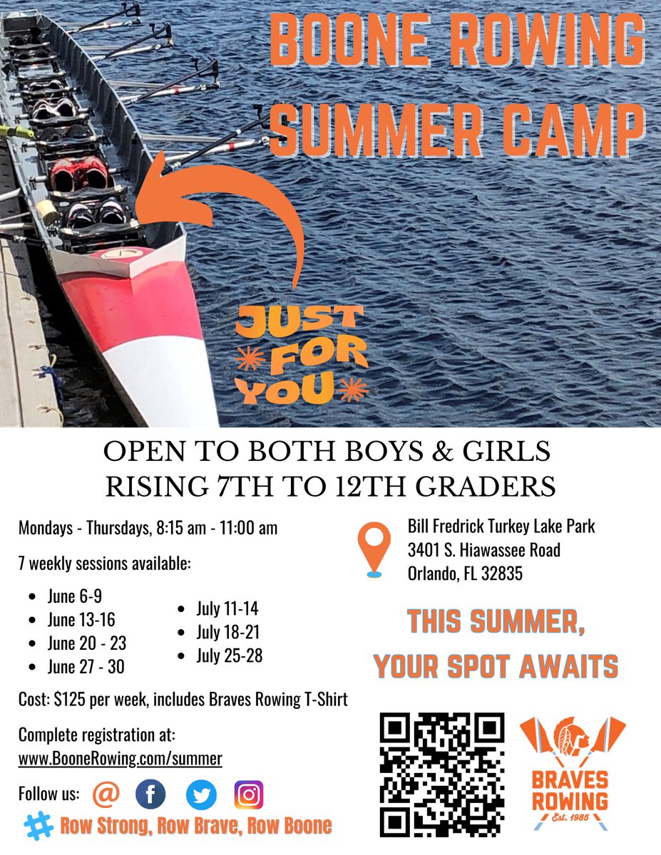 For rising 7th - 12th graders, Registration for Braves Rowing Camp is now open. boonerowing.com/summer