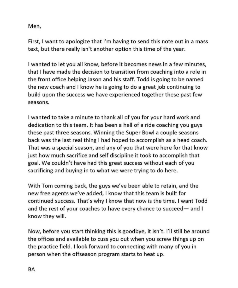 MikeGarafolo's tweet photo. Bruce Arians text to the #Buccaneers’ players. Echoes what he’s said elsewhere about the reason for the timing of his decision. https://t.co/zkNm7iLrsa