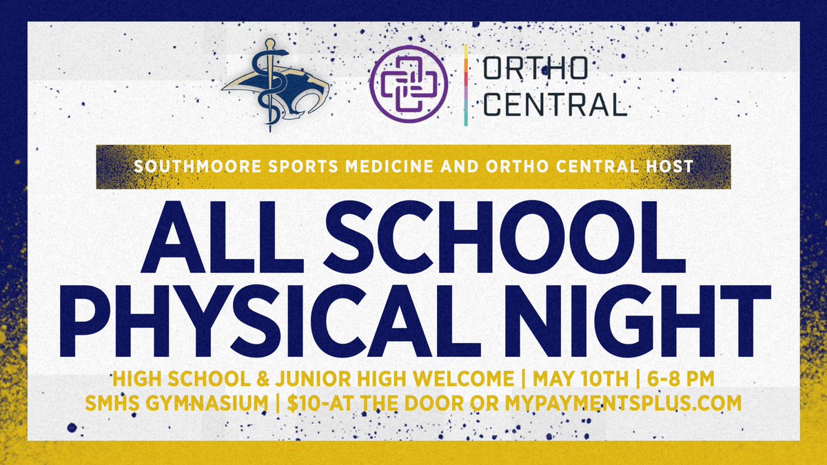 Southmoore Sports Medicine ⚕ (@sabercatat) on Twitter photo It’s that time of year again <a href="/sabercatsports/">Sabercat Athletics</a>! Physical night is 5/10, from 6-8pm. The cost is only $10 & all proceeds are used to provide supplies & equipment to take care of our athletes. <a href="/sabercatwrestle/">Southmoore Wrestling</a> <a href="/SaberCat_Tennis/">@SaberCatTennis</a> <a href="/SaberCatVB/">Southmoore Volleyball</a> <a href="/SouthmooreHS/">Southmoore HS</a> <a href="/Theatre_SHS/">Southmoore Theatre 🎭</a> It’s that time of year again <a href="/sabercatsports/">Sabercat Athletics</a>! Physical night is 5/10, from 6-8pm. The cost is only $10 & all proceeds are used to provide supplies & equipment to take care of our athletes. <a href="/sabercatwrestle/">Southmoore Wrestling</a> <a href="/SaberCat_Tennis/">@SaberCatTennis</a> <a href="/SaberCatVB/">Southmoore Volleyball</a> <a href="/SouthmooreHS/">Southmoore HS</a> <a href="/Theatre_SHS/">Southmoore Theatre 🎭</a>