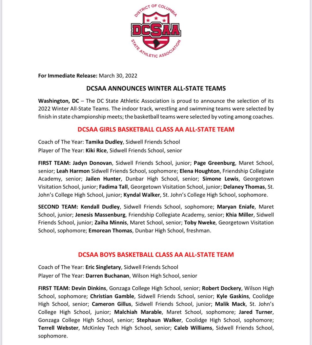 DCSAASports's tweet photo. DCSAA 2022 WINTER SPORTS ALL-STATE RELEASE ๐โโ๏ธ ๐คผโโ๏ธ ๐๐พโโ๏ธ๐
#dcsaawherethechampsplay https://t.co/Dv0l0sYu9O