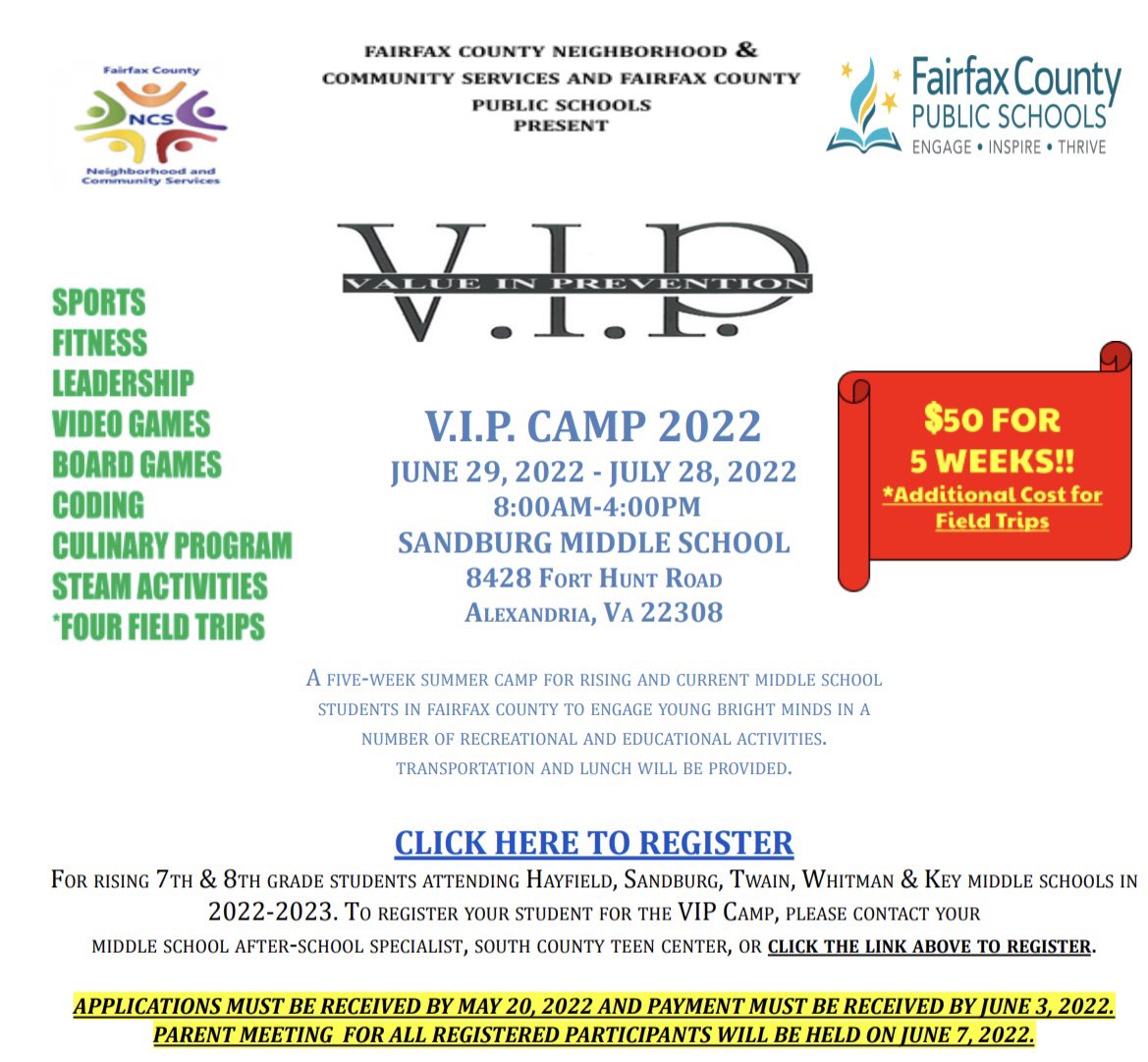 VIP Camp <a href="/Sandburg_MS/">Sandburg MS</a> registration is now live! Information went out today with the registration link. #VIPCamp2022 #rising7th #rising8th <a href="/SandburgASP/">Carl Sandburg After School</a> <a href="/HawksStayAfter/">Hayfield MS After-School Program</a> <a href="/KeyMiddle/">Key MS</a> <a href="/TwainMS/">Twain Middle School</a> <a href="/FairfaxNCS/">Fairfax County Neighborhood & Community Services</a>