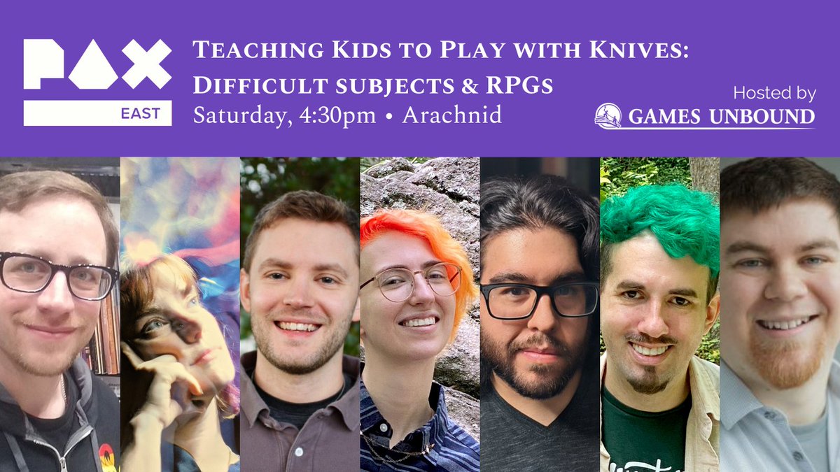 #PAXEast panel: Teaching Kids to Play with Knives 🔪: Difficult Subjects &amp; RPGs (13+), Sat. 4:30pm in the Arachnid theater. Featuring <a href="/rollforkindness/">Peter (Inclusion Director, Autistic DM, M.Ed.)</a>, <a href="/culliope/">Culliope -❤️🌈 Annie Sullivan? Not Annie Oakley!</a>, <a href="/jaredkilmer/">Jared Kilmer, PhD</a>  + <a href="/adamjohns/">Adam J</a> with <a href="/GametoGrow/">Game to Grow</a>, @JuniRuiz, and our own <a href="/ShammoStories/">Sam "Shammo" Horne</a> and Dee! east.paxsite.com/en-us/schedule…