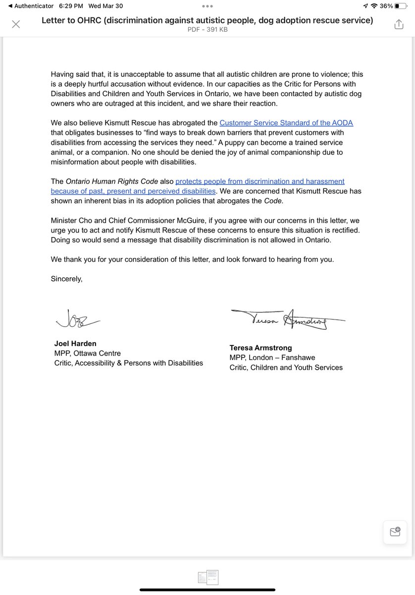 Today <a href="/TArmstrongNDP/">Teresa Armstrong</a> and I wrote to <a href="/RaymondChoPC/">Raymond Cho</a> and <a href="/OntHumanRights/">The OHRC</a> about a dog rescue that is refusing to allow adoptions to families with autistic kids. 

Disability discrimination is against the law, and must be stopped. 

RT if you agree. #onpoli